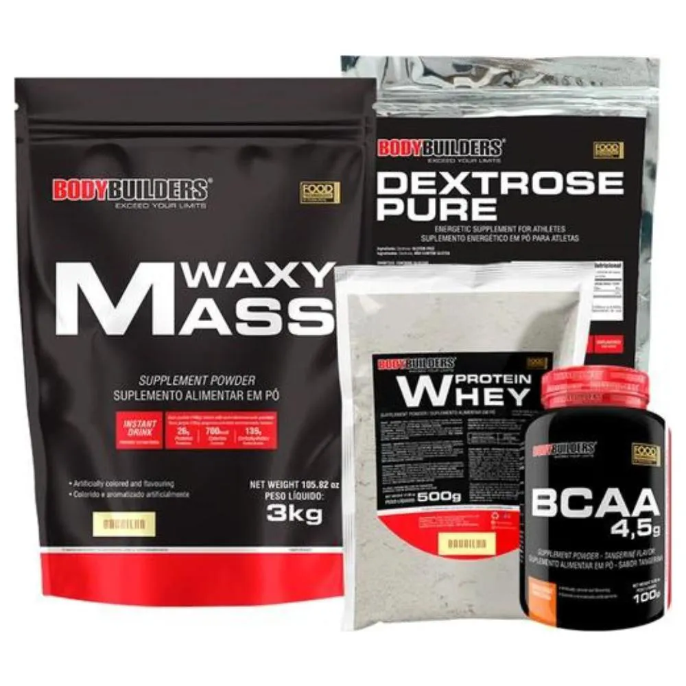 Kit Hipercalórico Waxy Mass 3kg + Whey Protein 500g + Bcaa 100g + Dextrose 900g - Bodybuilders Morango
