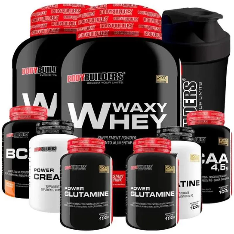 Kit 2x Waxy Whey 900g + 2x Bcaa 100g + 2x Power Creatina 100g + 2x Power Glutamina + Coq - Bodybuilders Chocolate e Morango