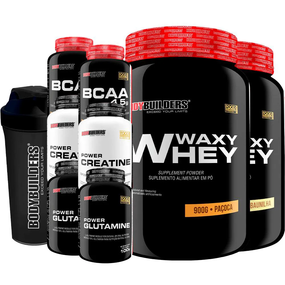 Kit 2x Waxy Whey 900g + 2x Bcaa 100g + 2x Power Creatina 100g + 2x Power Glutamina + Coq - Bodybuilders Baunilha e Paçoca