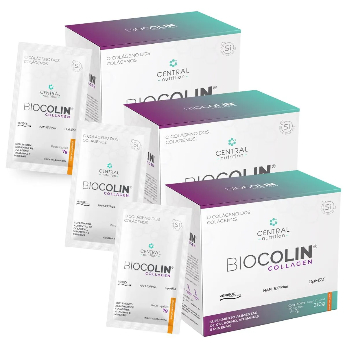Kit 3 Biocolin Collagen Colágeno Verisol 30Sachê Central Nutrition Tangerina