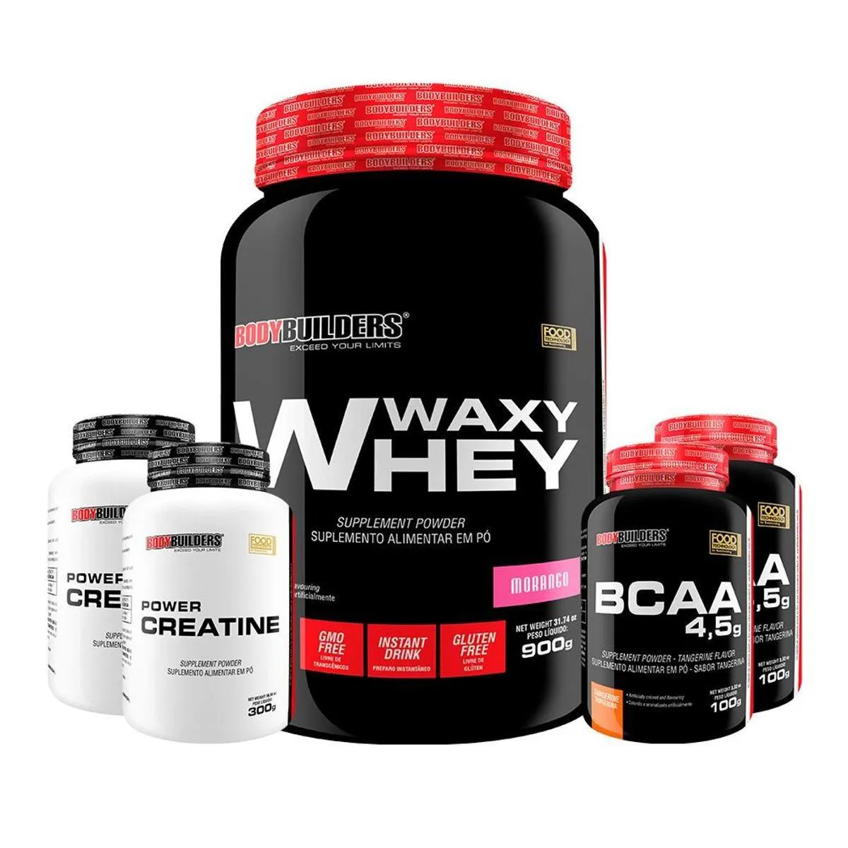 Kit Whey Protein Waxy Whey Pote 900g + 2x Bcaa 100g + 2x Power Creatina 100g - Kit para Ganho de Massa Muscular - Morango
