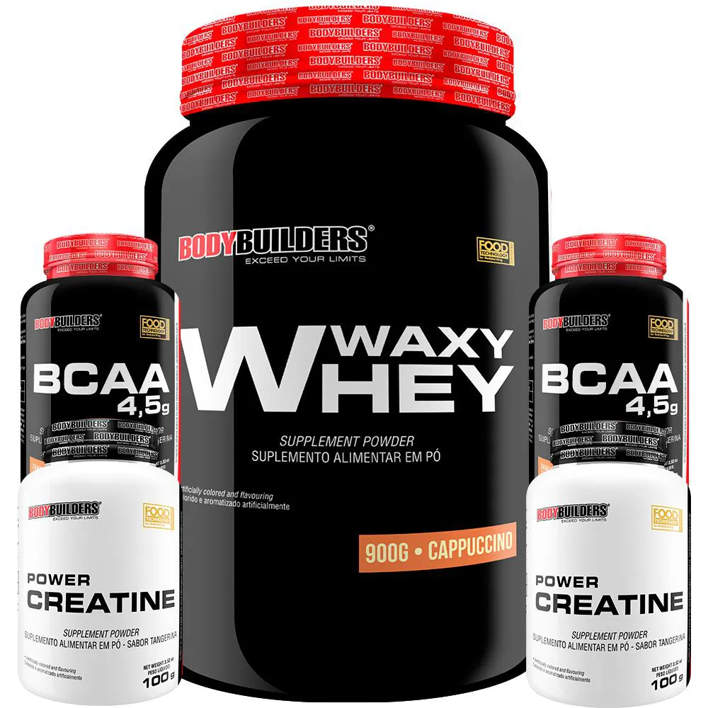 Kit Whey Protein Waxy Whey Pote 900g + 2x Bcaa 100g + 2x Power Creatina 100g - Kit para Ganho de Massa Muscular - Cappuccino