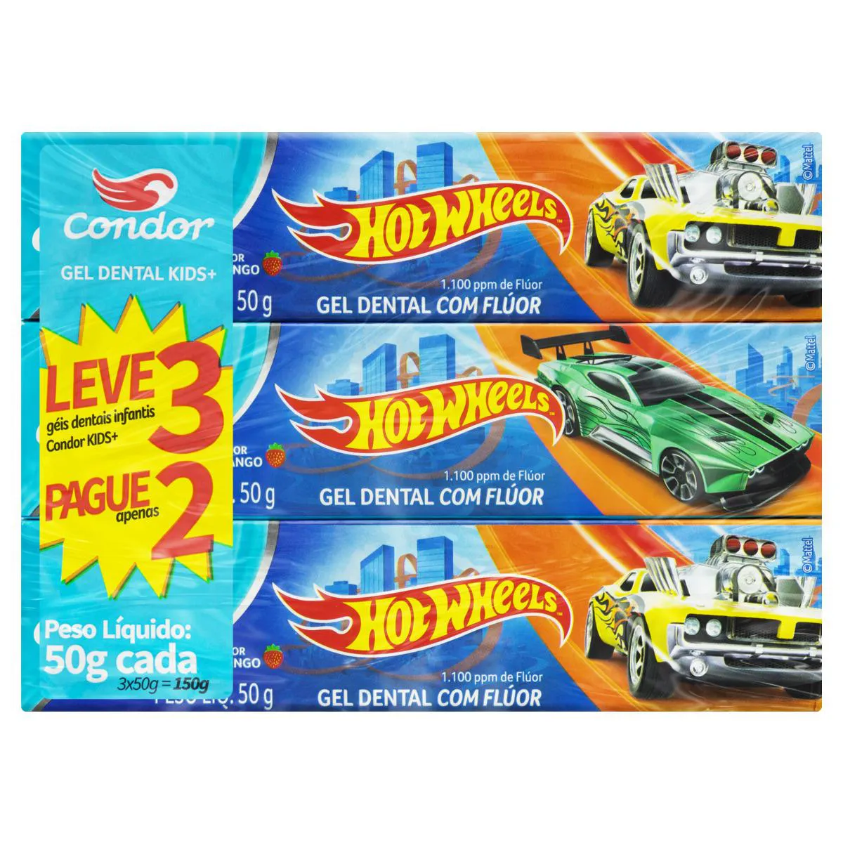 Gel Dental Condor Kids Hot Wheels Morango 50g 3 unidades