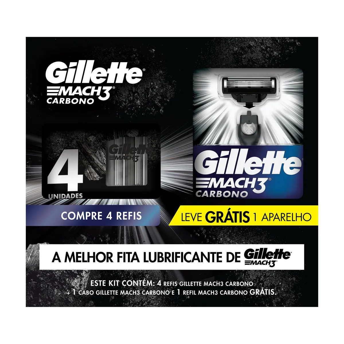 Kit Aparelho de Barbear Descartável Gillette Mach3 Carbono Carvão Ativado + 4 Refis