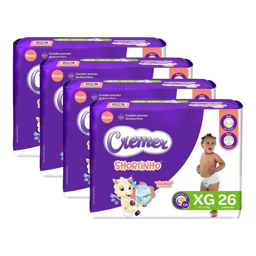 Fralda Descartável Cremer Shortinho Jumbo Tamanho Xg - 4 Pacotes com 26 Fraldas - Total 104 Tiras
