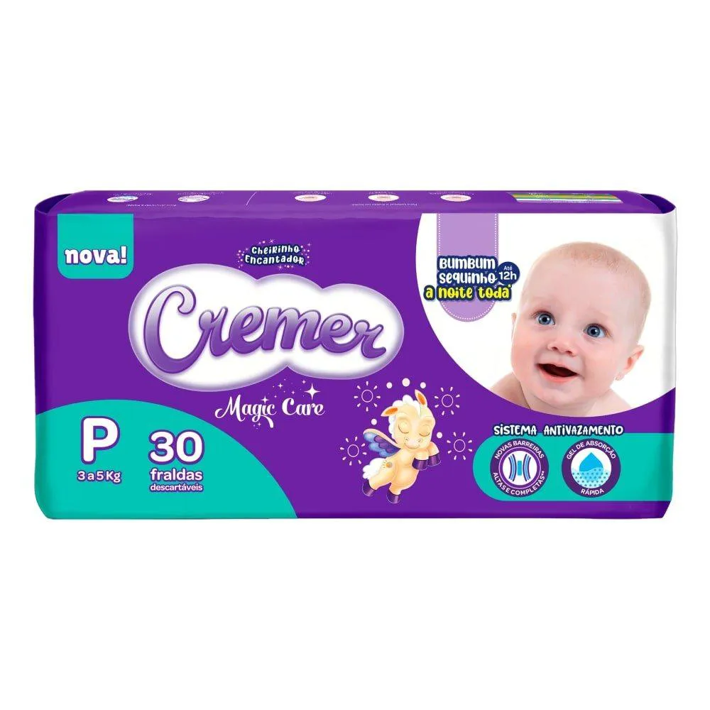 Fralda Descartável Cremer Jumbo Tamanho P - 8 Pacotes com 30 Tiras - Total 240 Tiras