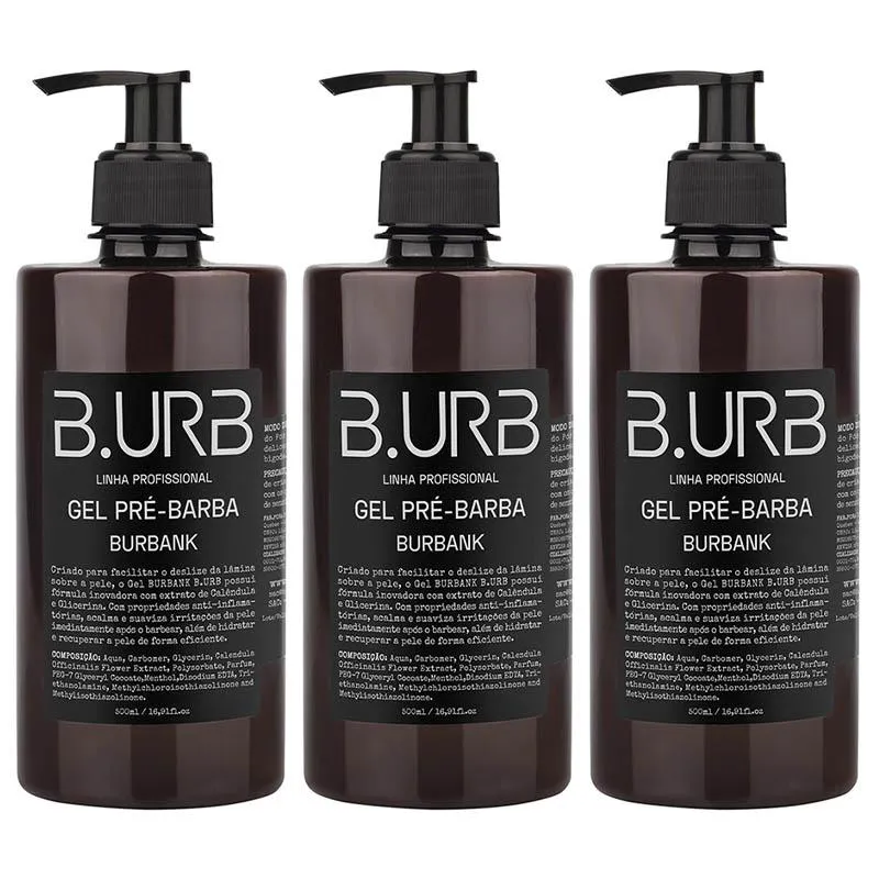 Kit 3 Gel Pré Barba Burbank 500ml Profissional Bancada Barbearia Barba Urbana B.urb