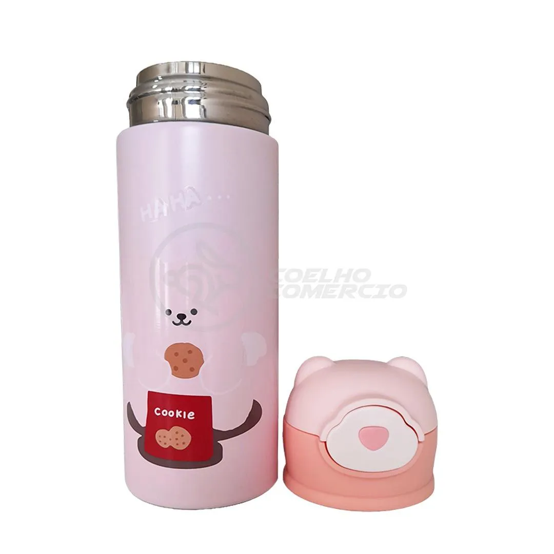 Garrafa Infantil de Ursinho Rosa Térmica Aço Inoxidável 420ML Água Suco e Chá Quente e Frio até 12H