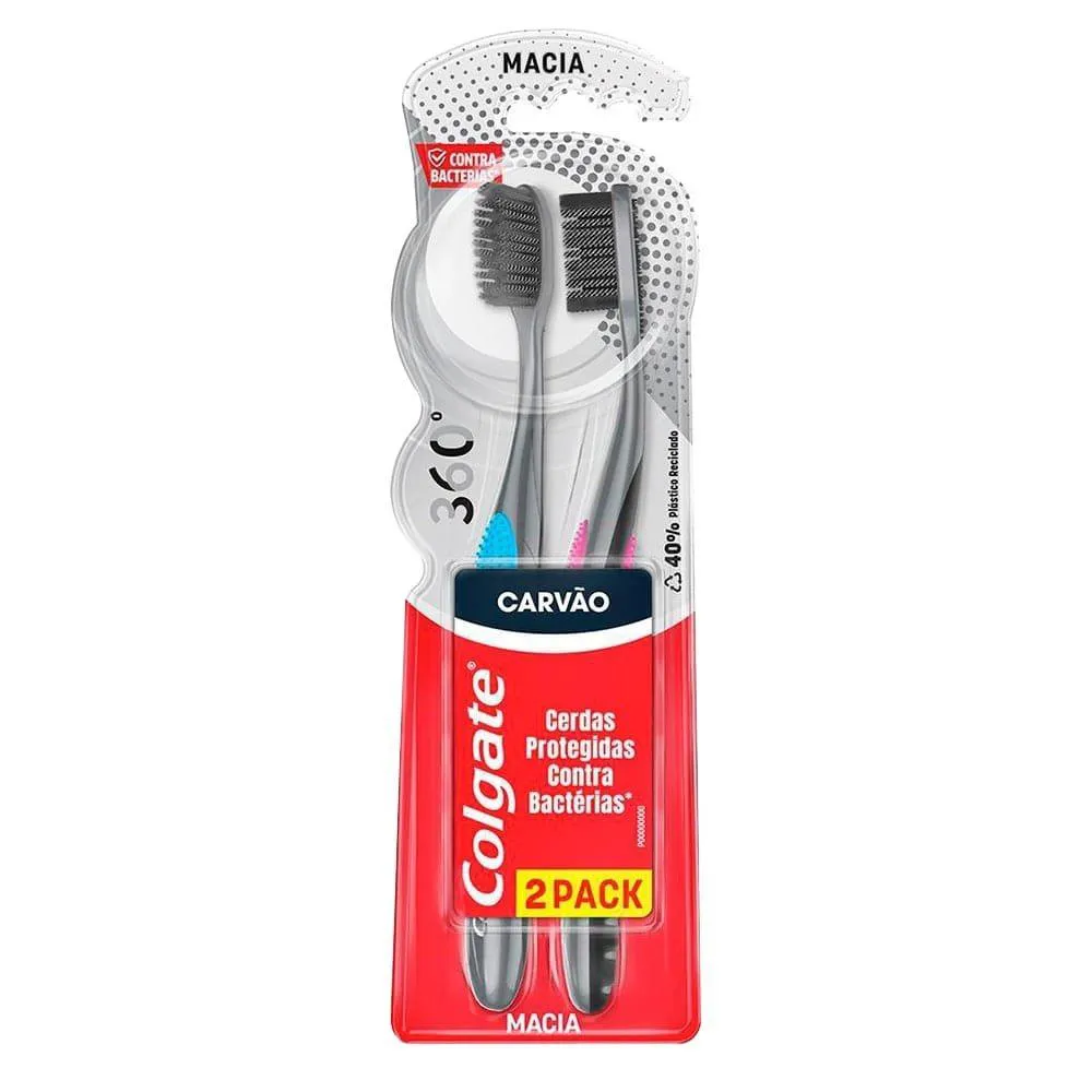 Escova Dental Colgate Contra Bactérias 360º Black Carvão Embalagem 2 unidades