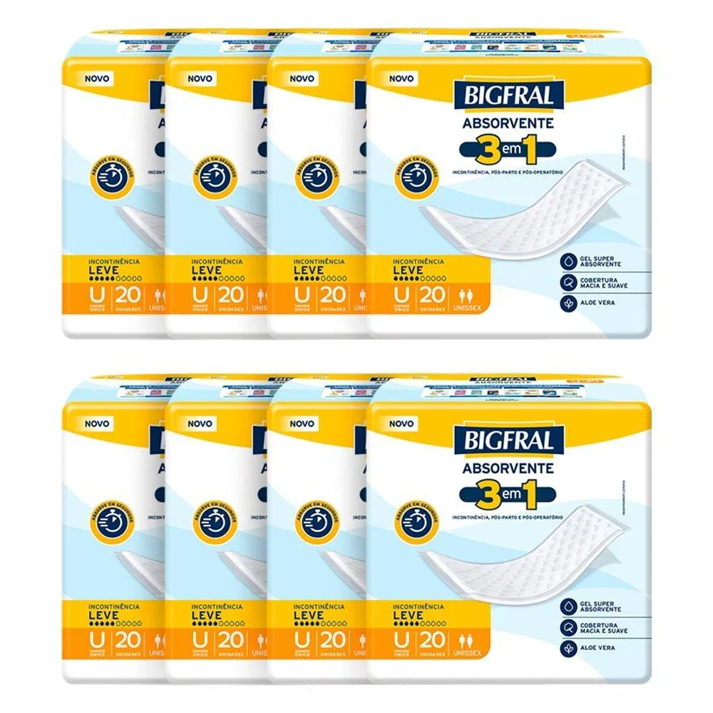 Absorvente Geriátrico Bigfral 3 em 1 - 8 Embalagens com 20 unidades