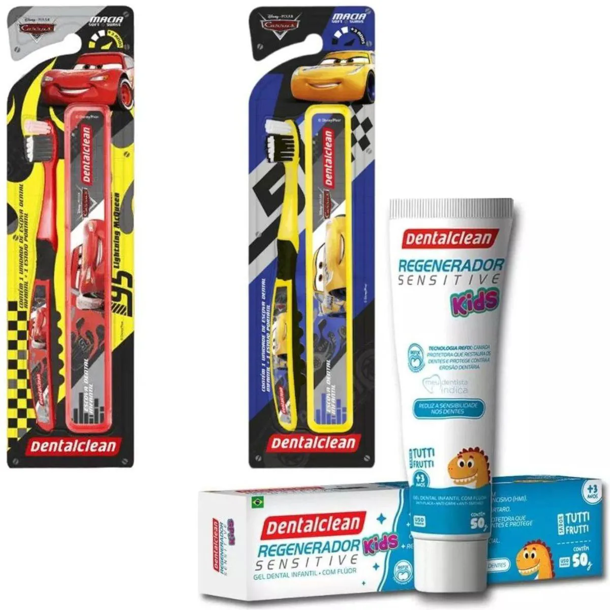 Escova + Estojo Carros + Gel Regenerador KIDS - Dentalclean