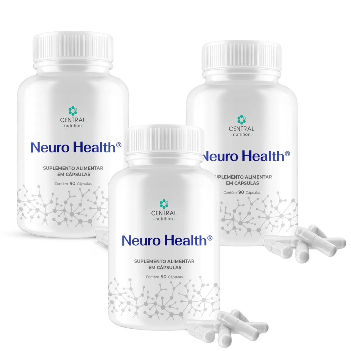 Kit 3 Neuro Health Vitaminas Magnésio 90 cápsulas Central Nutrition sem Sabor