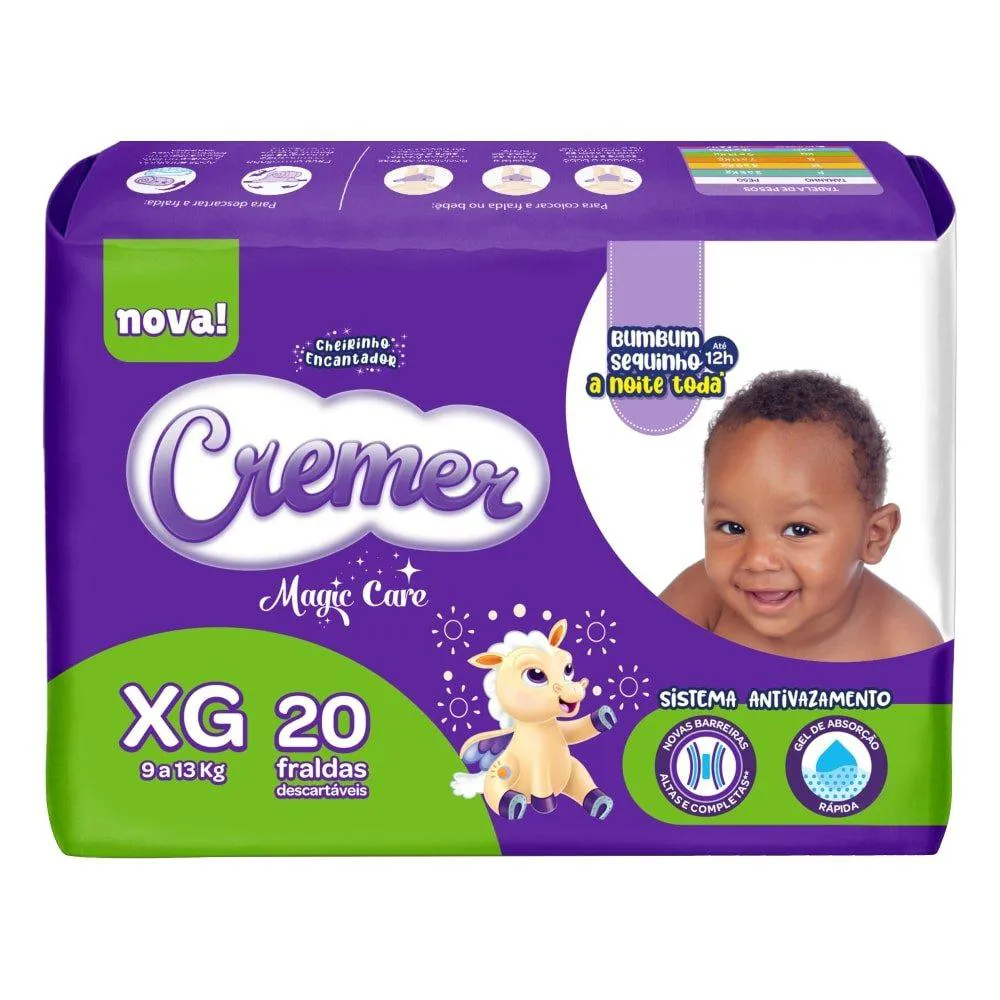 Fralda Descartável Cremer Jumbo Tamanho Xg - 8 Pacotes com 20 Fraldas - Total 160 Tiras