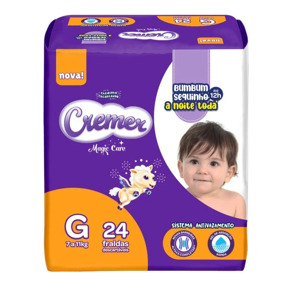 Fralda Descartável Cremer Jumbo Tamanho G - 8 Pacotes com 24 Fraldas - Total 192 Tiras