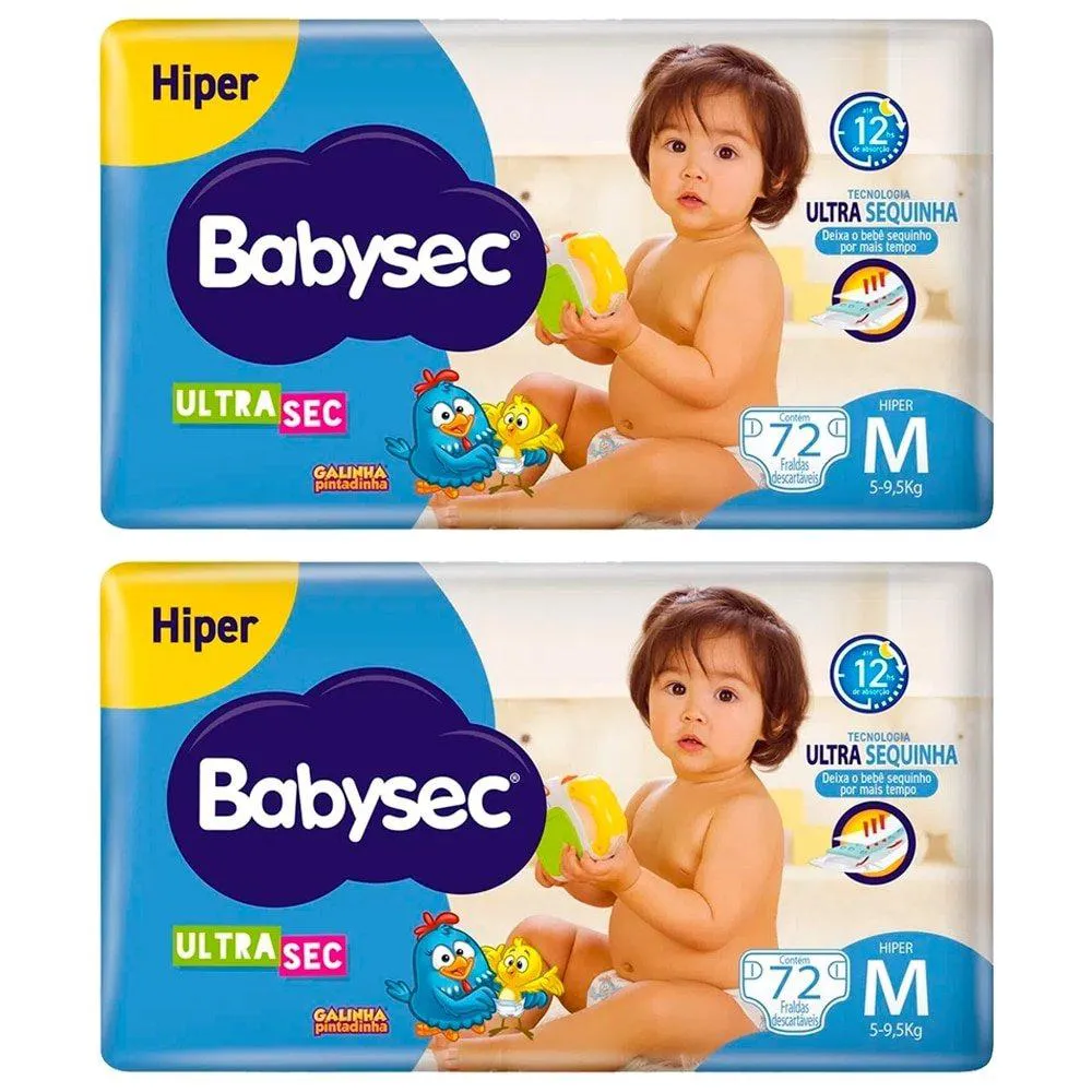 Fralda Descartável Babysec Ultra Tamanho M - 2 Pacotes com 72 Fraldas - Total 144 Tiras