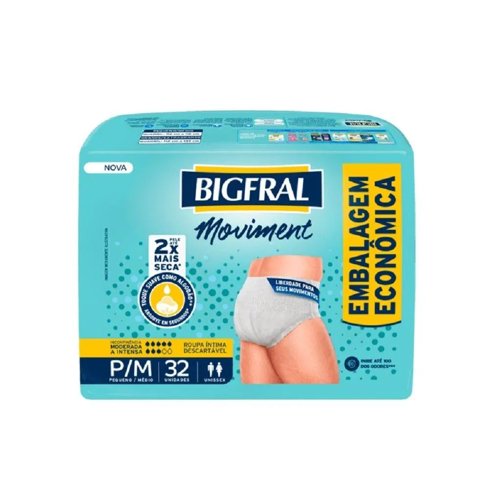 Fralda Descartável Adulto Bigfral Roupa Íntima Moviment Tamanho P/m - 4 Pacotes com 32 Fraldas - Total 128 Tiras