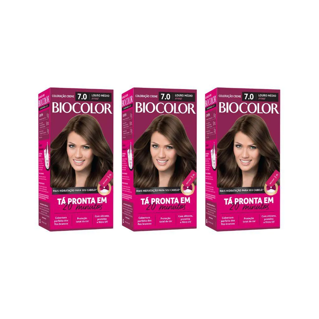 Coloraçao Biocolor Creme 7.0 Louro Medio Arraso - Kit C / 3un