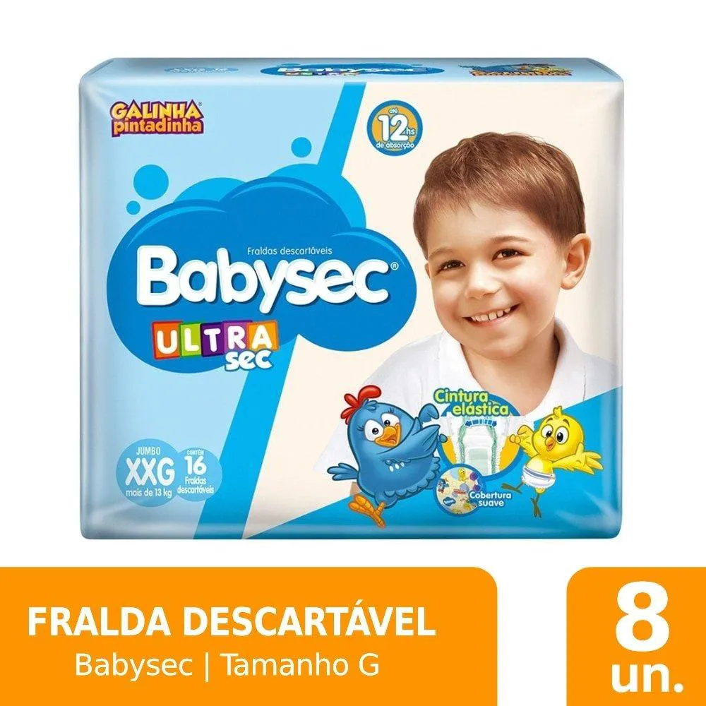 Fralda Descartável Babysec Ultra Sec Galinha Pintadinha Jumbo Tamanho Xxg - 8 Pacotes com 16 Fraldas - Total 128 Tiras