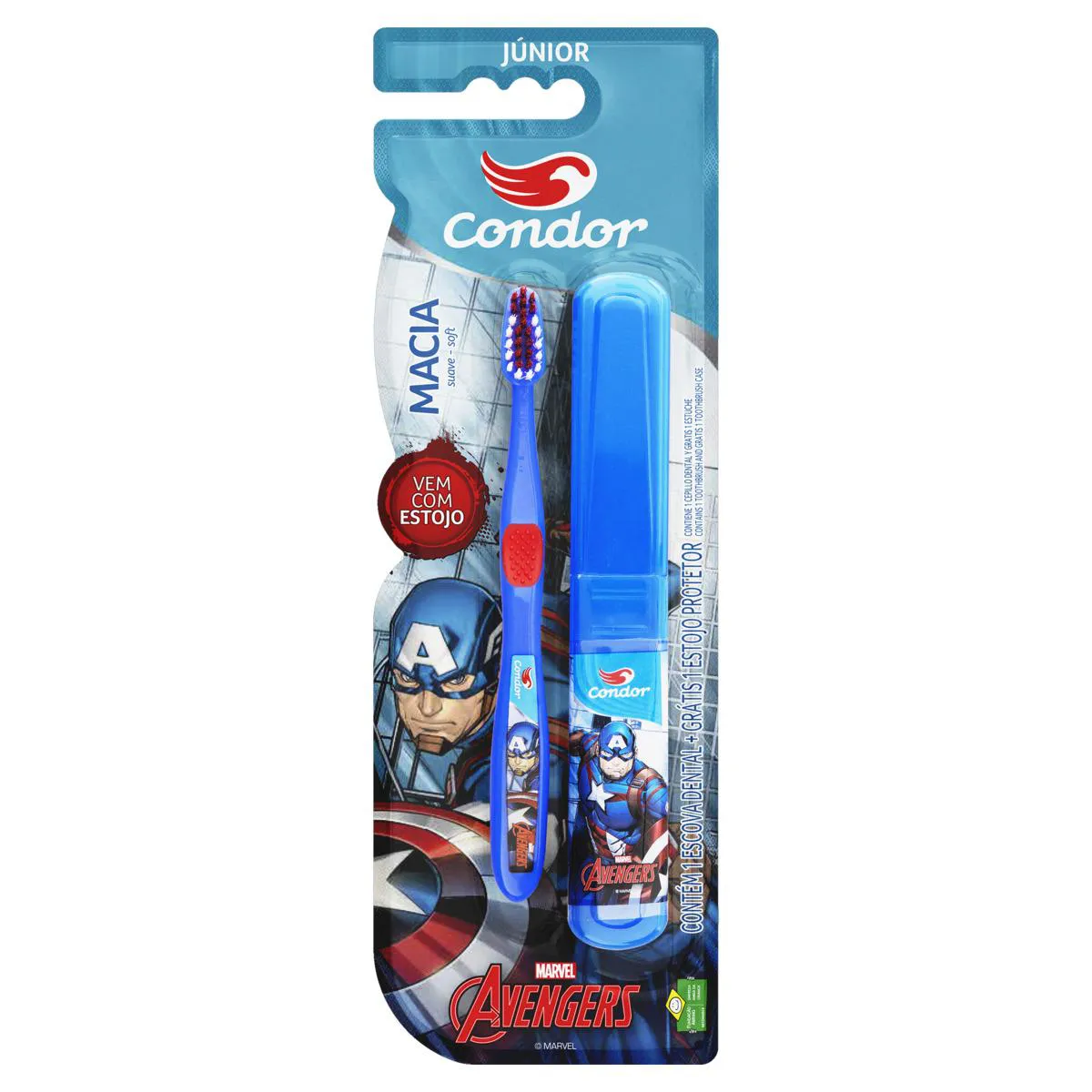 ESCOVA DENTAL MACIA E SUAVE AVENGERS CONDOR JúNIOR CABEçA P GRáTIS ESTOJO PROTETOR