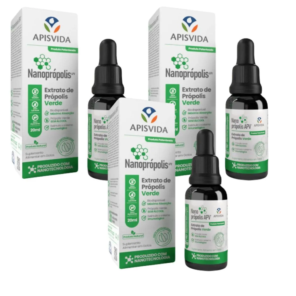 3x Nanoprópolis - Extrato de Própolis Verde - 20ml - Apis Vida sem Sabor