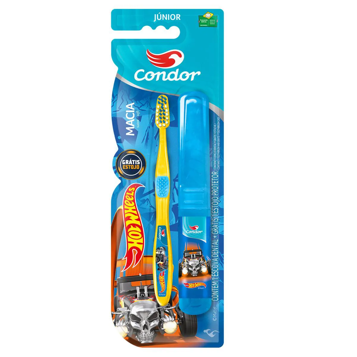 Escova Dental Macia Hot Wheels Condor Júnior Cabeça P Grátis Estojo Protetor