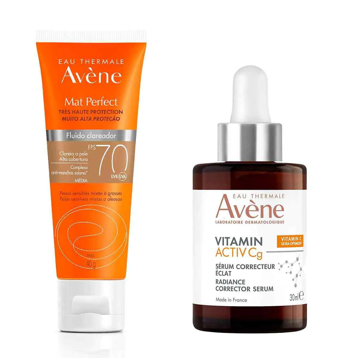 Kit Avène Facial Sérum Iluminador Intensivo Vitamin Activ Cg 30ml + Protetor Solar Mat Perfect FPS 70 Fluido Clareador Médio 40g