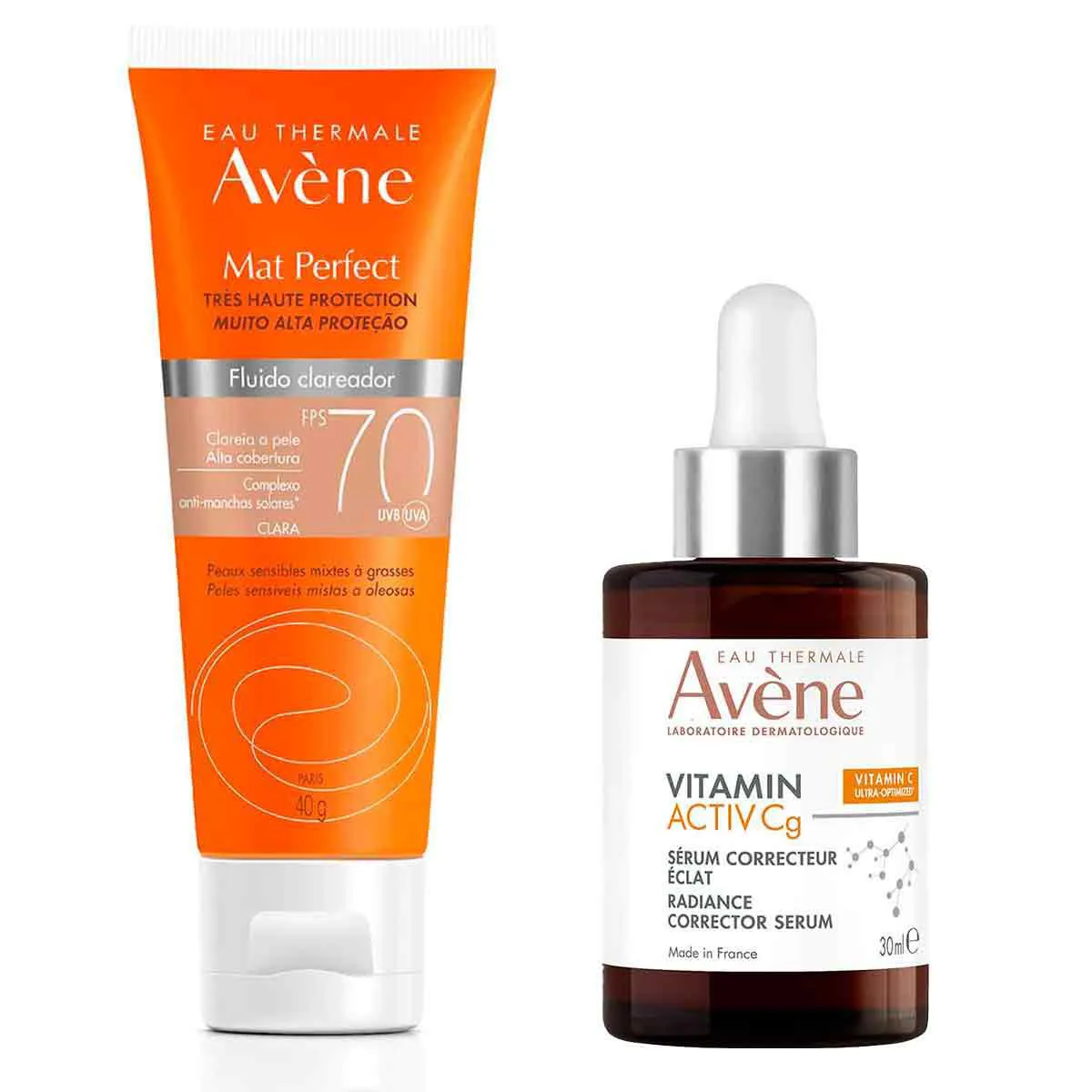 Kit Avène Sérum Facial Iluminador Intensivo Vitamin Activ Cg 30ml + Protetor Solar Facial Mat Perfect FPS 70 Fluido Clareador Claro 40g