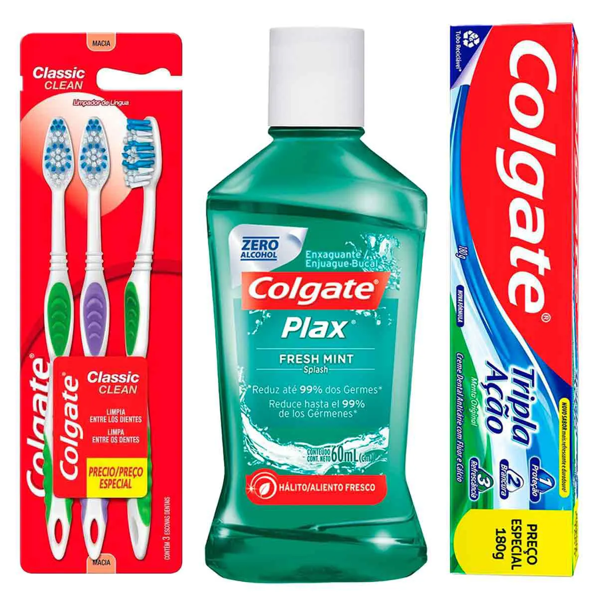 Kit Colgate Escova de Dente Colgate Classic Clean 3 un + Pasta de Dente Tripla Ação Menta Original Anticárie com Flúor + Enxaguante Antisséptico Bucal Plax Fresh Mint Sem Álcool