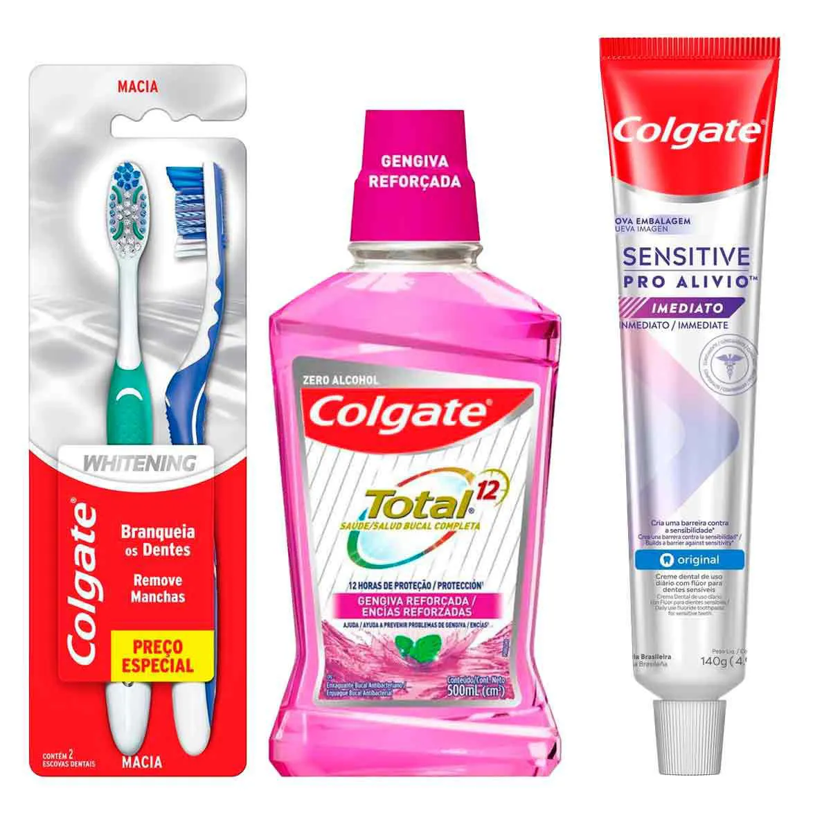 Kit Colgate Escova de Dente Whitening Macia Cabeça Compacta 2 Un + Pasta de Dente Sensitive Pro-Alívio Imediato + Enxaguante Antisséptico Bucal Total 12 Gengiva Reforçada