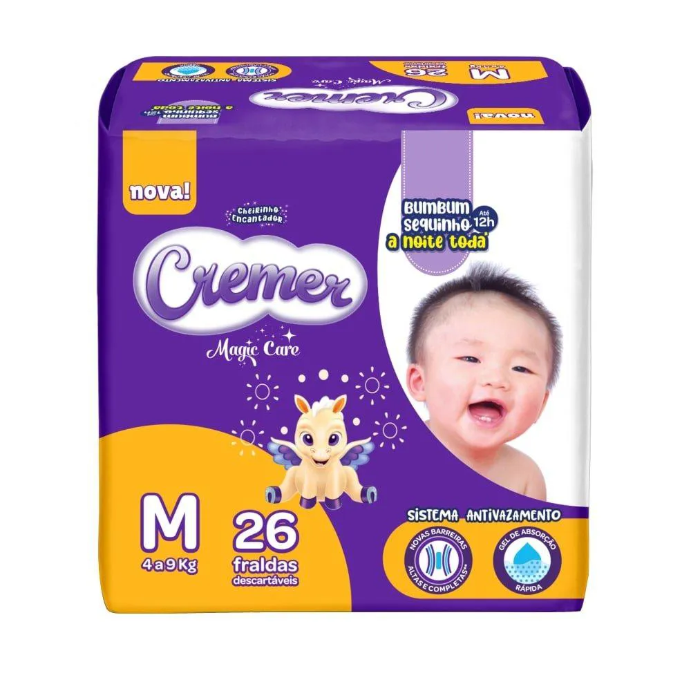 Fralda Descartável Cremer Jumbo Tamanho M - 8 Pacotes com 26 Fraldas - Total 208 Tiras