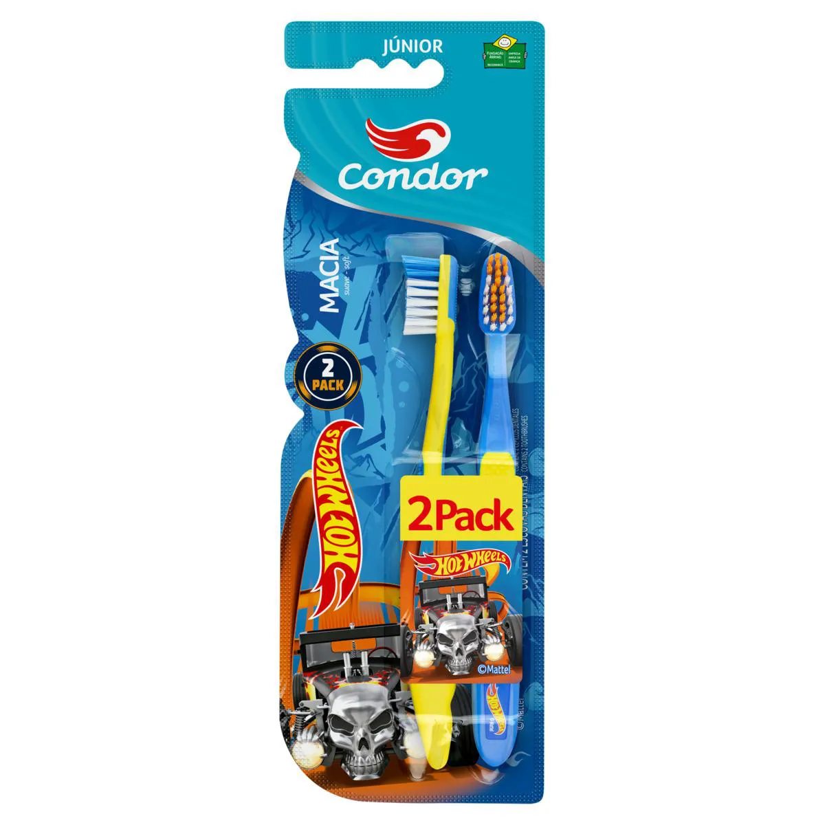 Escova Dental Macia com Limpador de Língua Hot Wheels Condor Júnior Cabeça P 2 Unidades