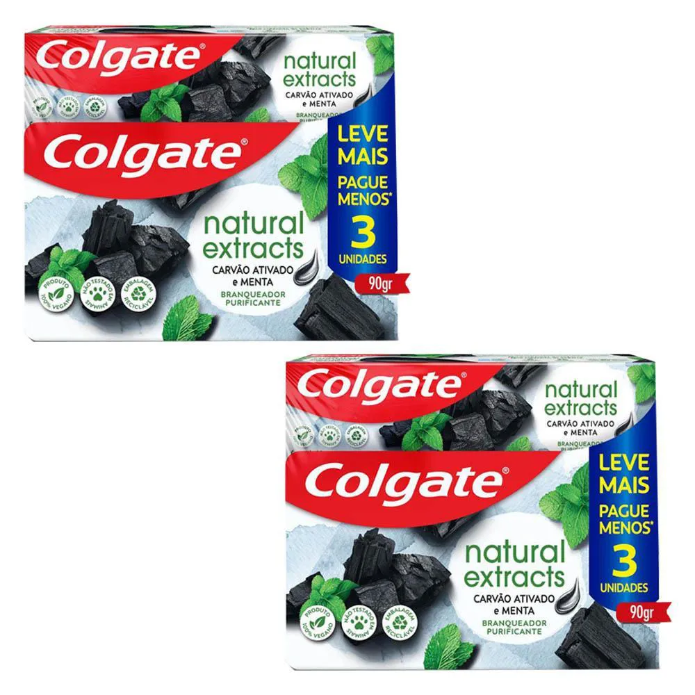 Kit 2 Pack Creme Dental Colgate Natural Extracts Carvão Ativado e Menta 6x90g
