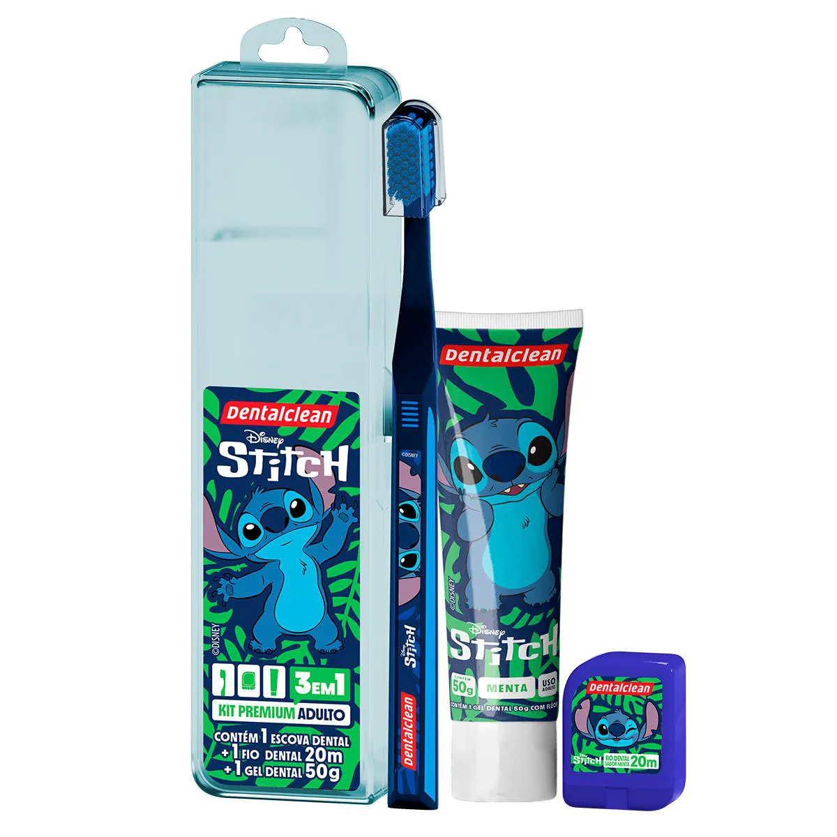 Kit Dentalclean Premium Adulto Disney Stitch 1 Escova de Dente + 1 Fio Dental 20m + 1 Gel Dental 50g
