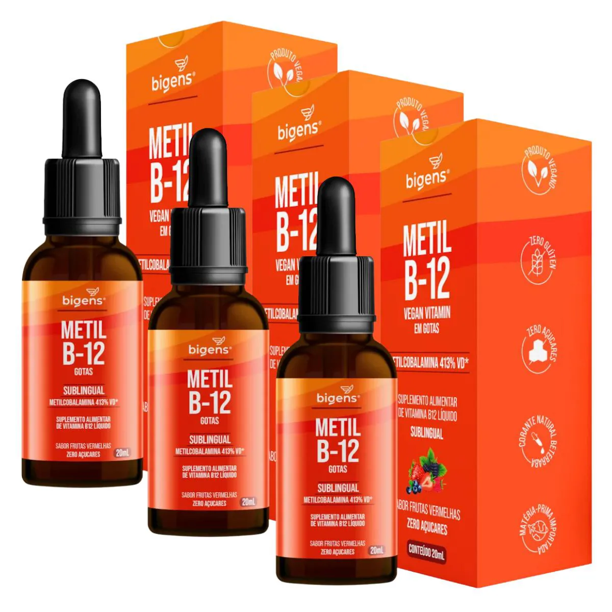3x Vitamina B12 Metilcobalanina Bigens Frutas Vermelhas 20ml