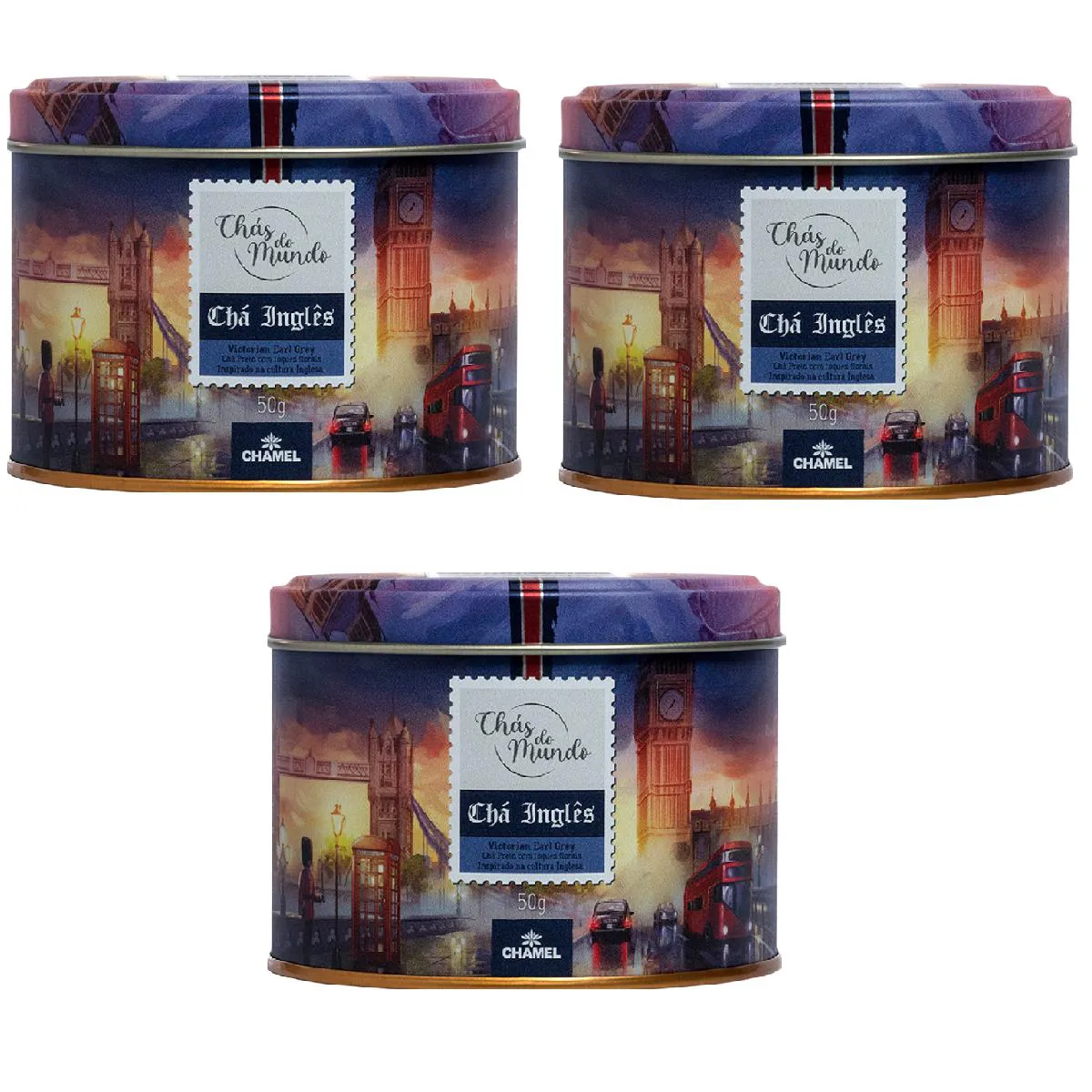 Kit 03 Chás do Mundo Pouch Chá Inglês Lata 50g - Chamel