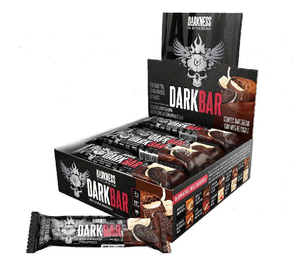 Dark Bar Caixa 8 unidades (720G) - Nova Embalagem - Sabor: Cookies And Cream com Nibs de Cacau