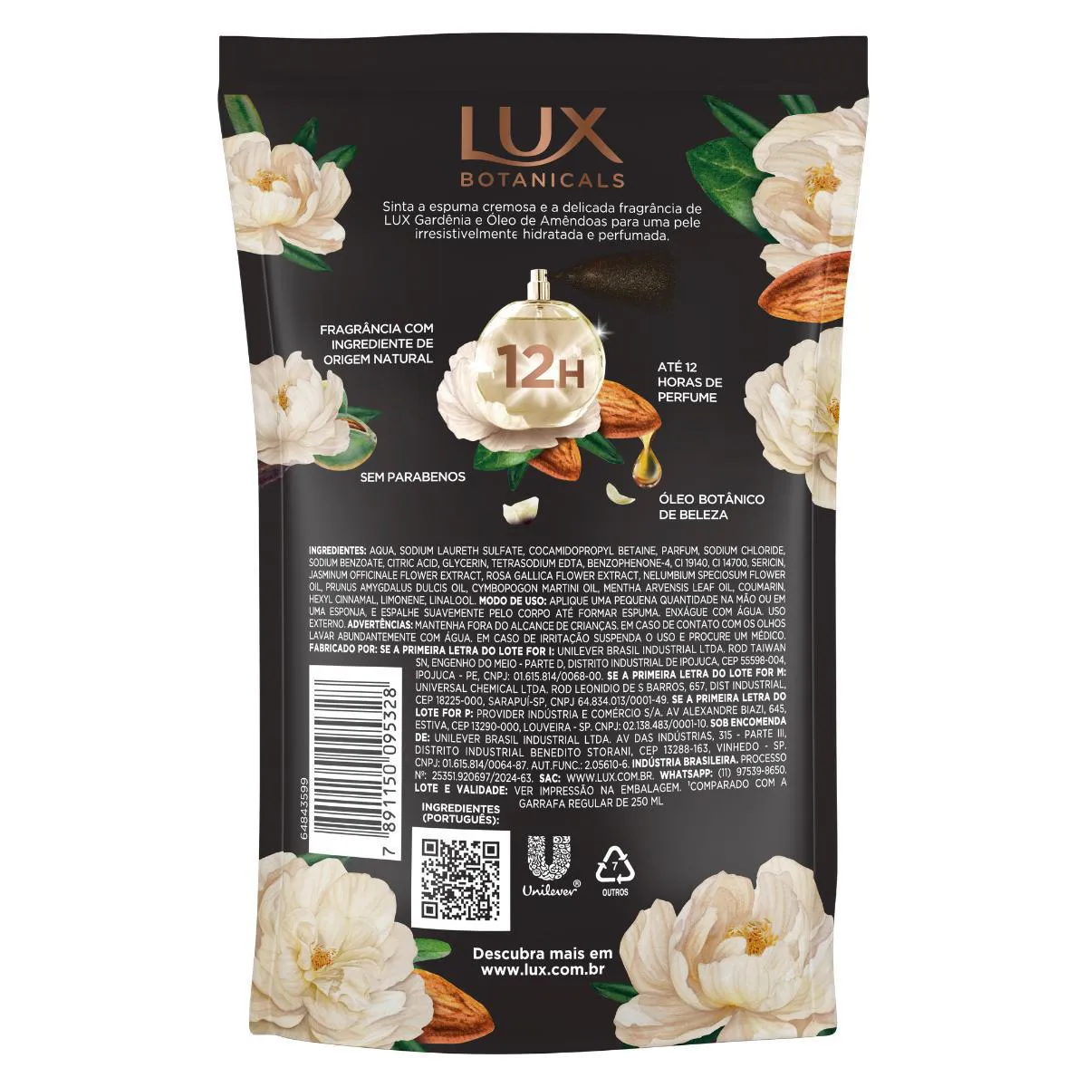 Refil Sabonete Líquido Lux Botanicals Gardênia e Óleo de Amêndoas 12h Glicerinado 200ml