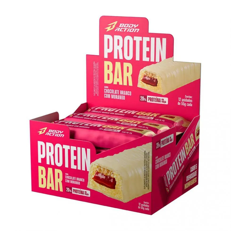 Protein Bar (display 12 Unid 55g) - Sabor: Chocolate Branco c/ Morango