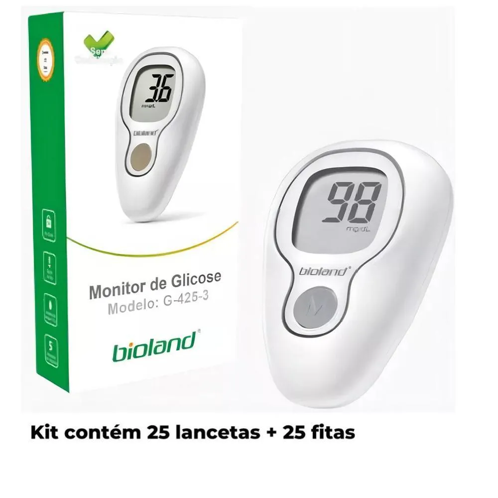 Monitor Glicose Kit 25 Fitas + 25 Lancetas Bioland G425-3