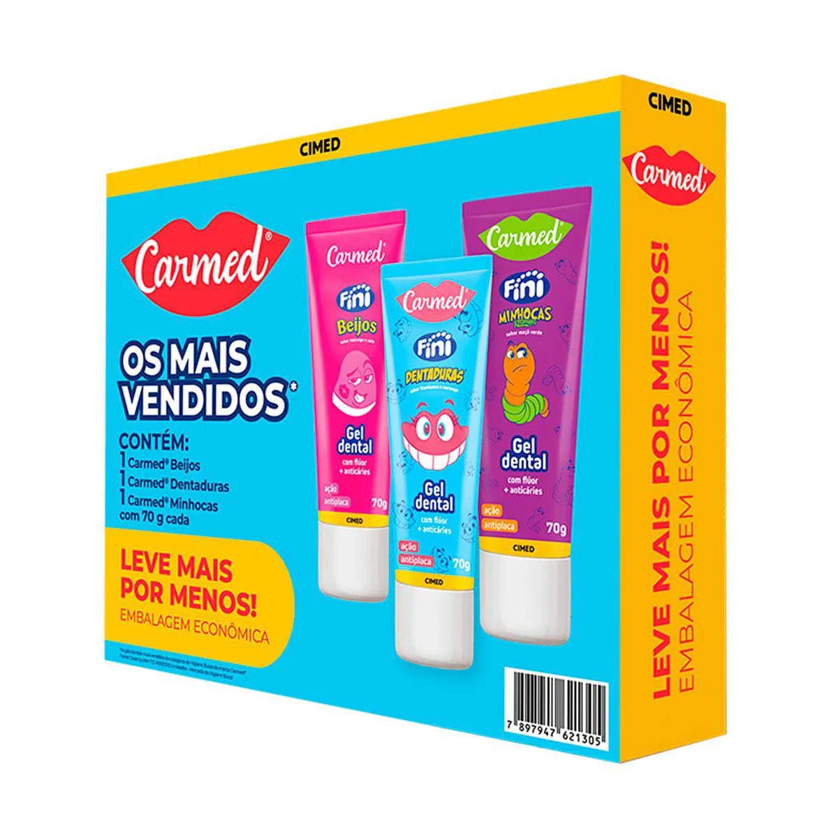Kit Carmed Oral Care Gel Dental Fini Beijos 70g + Dentadura 70g + Minhocas Azedinhas 70g