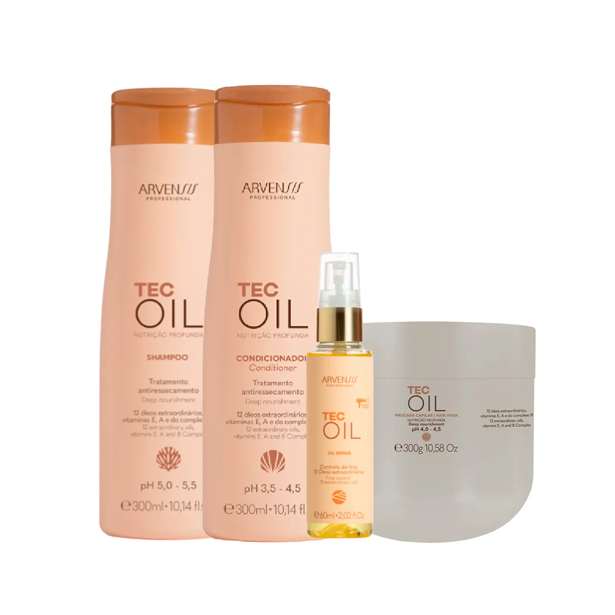 Kit Arvensis Tec Oil Nutrição Profunda Shampoo 300ml + Condicionador 300ml + Máscara 300g + Óleo Reparador 45ml