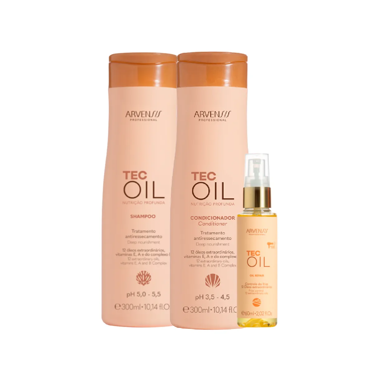 Kit Arvensis Tec Oil Nutrição Profunda Shampoo 300ml + Condicionador 300ml + Óleo Reparador 45ml