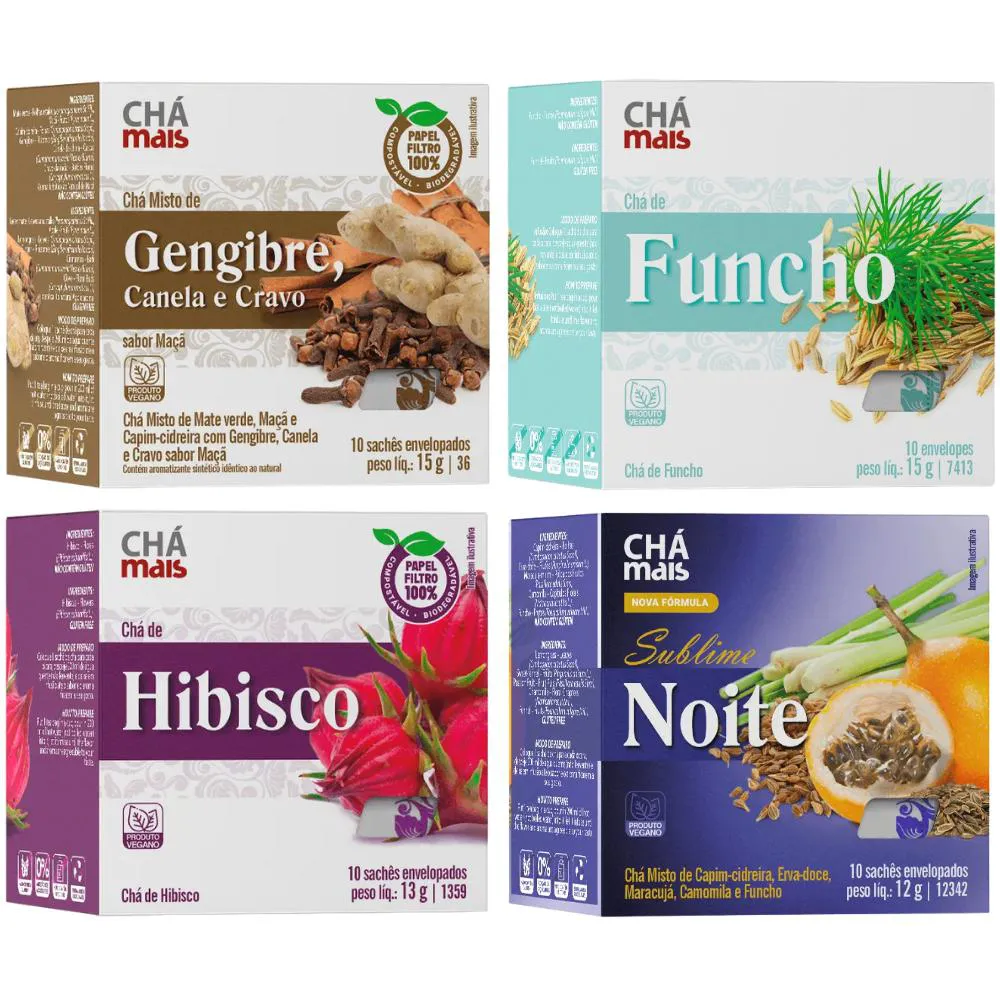 Kit Chás Gengibre, Cravo E Canela + Funcho + Hibisco + Sublime Noite - Chá Mais