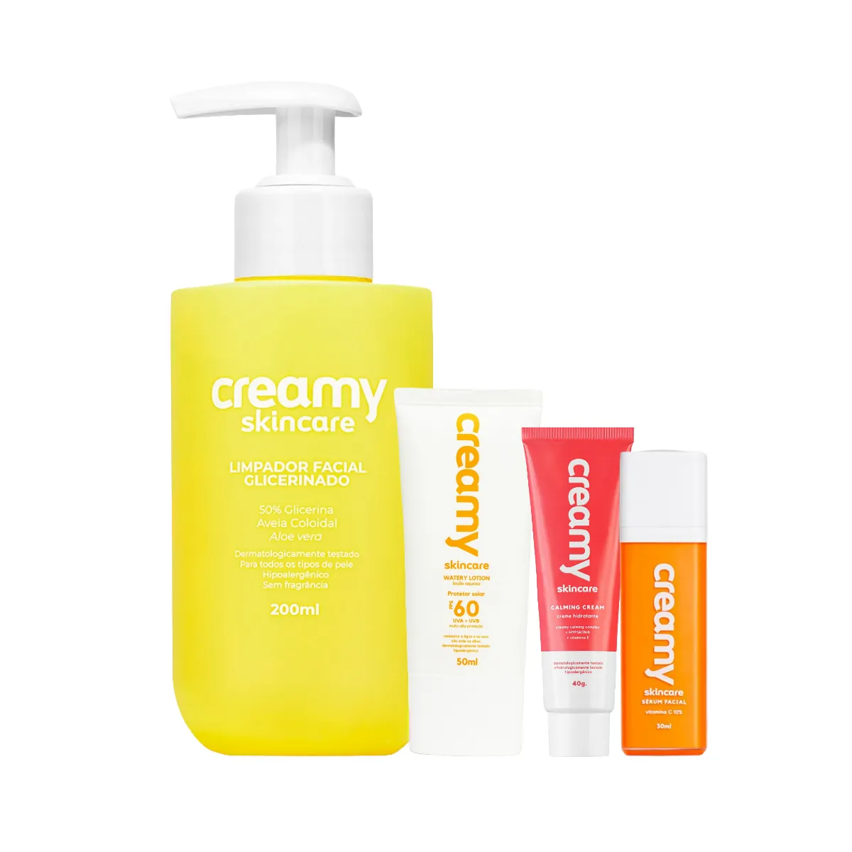 Kit Facial Creamy Skincare Protetor Solar FPS 60 50ml + Creme Hidratante Calming 40g + Sérum Vitamina C 30g + Limpador Glicerinado 200ml