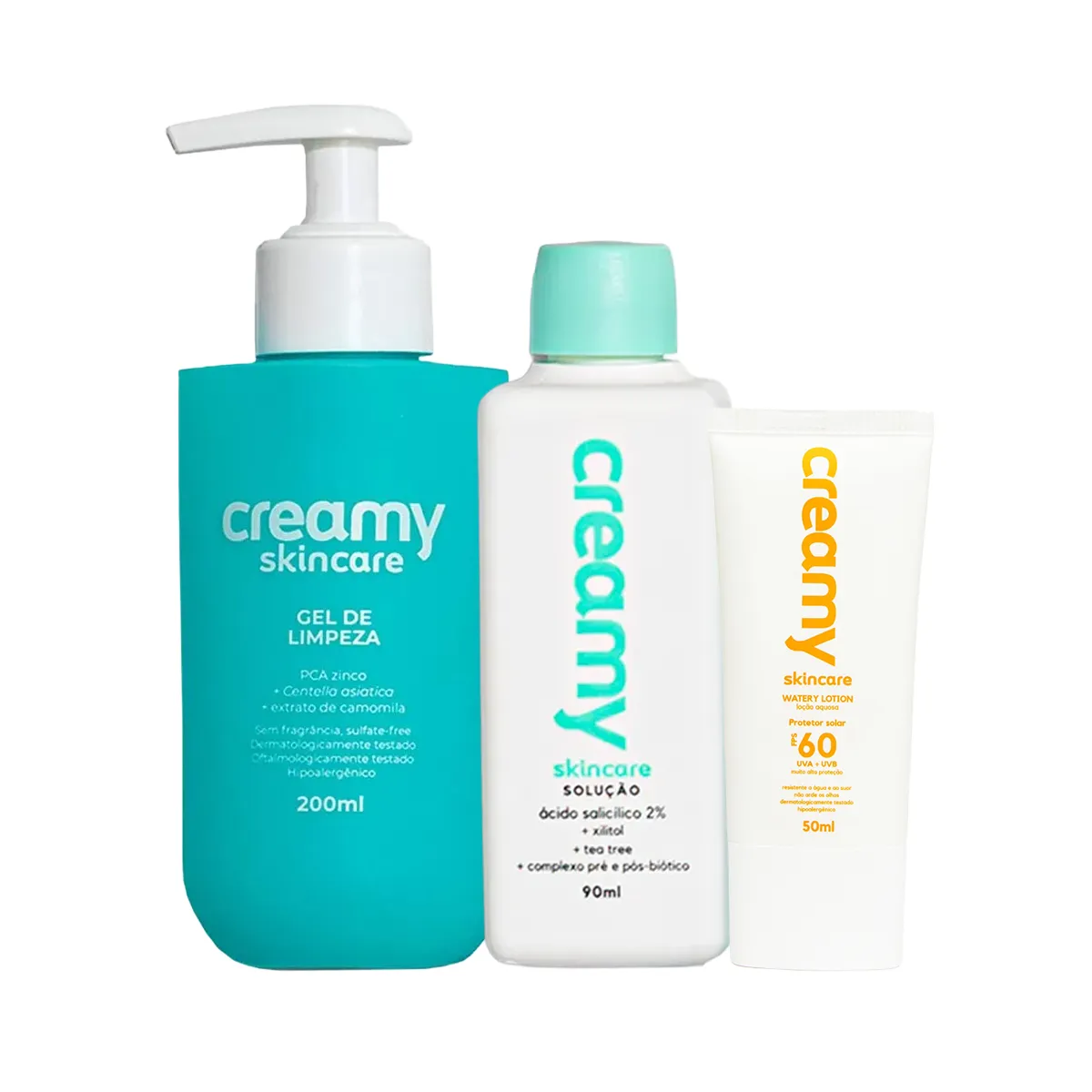 Kit Facial Creamy Skincare Gel de Limpeza 200ml + Tônico Antiacne Ácido Salicílico 90ml + Protetor Solar Loção FPS 60 50ml