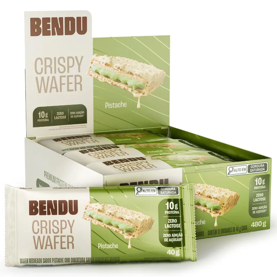 Wafer Bendu Crispy Caixa (12 Un) - Sabor Pistache - Zero Lactose
