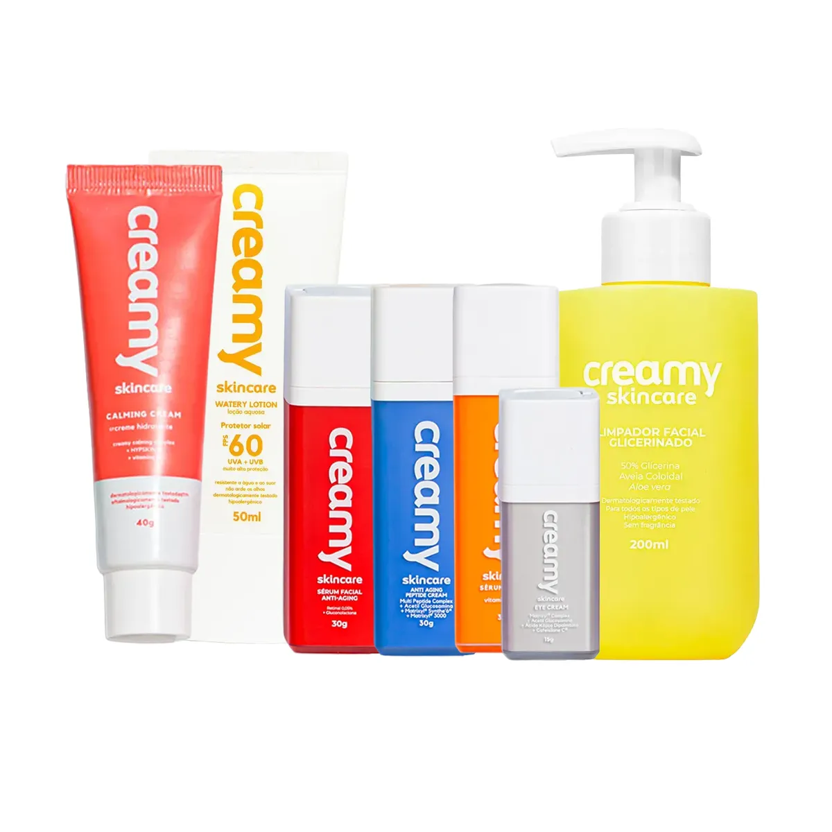 Kit Facial Creamy Limpador Facial 200ml + Sérum Vitamina C 30g + Creme Firmador Peptide 30g + Protetor Solar FPS 60 50ml + Sérum Anti-Idade 30g + Creme para Área dos Olhos 15g