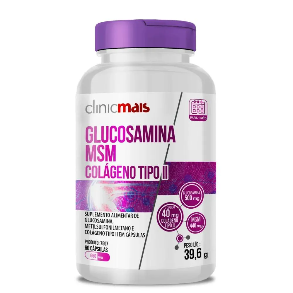 Glucosamina, Msm e Colágeno Tipo 2 60 Cápsulas 660Mg Clinicmais