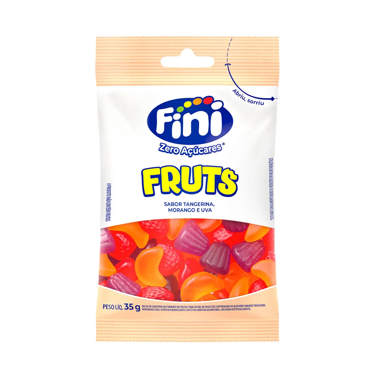 Balas de Gelatina Fini Zero Açúcares Fruts Morango Tangerina e Uva 35g