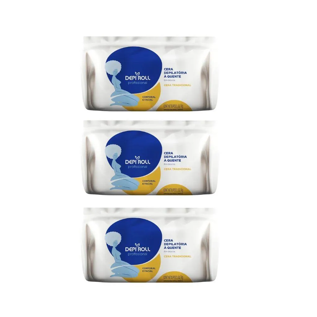Depilatorio Depiroll Cera 1Kg Blocos Tradicional - Kit C/3Un